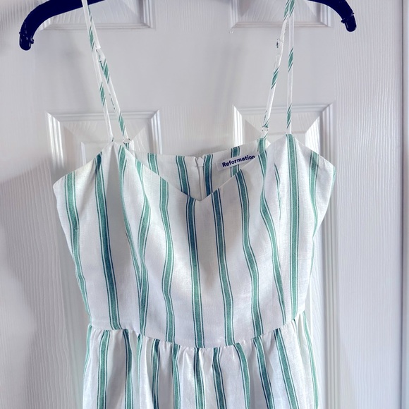 REFORMATION Gateau White Green Stripe EILEEN Ruffle Linen Midi Sun-dress - Picture 4 of 6